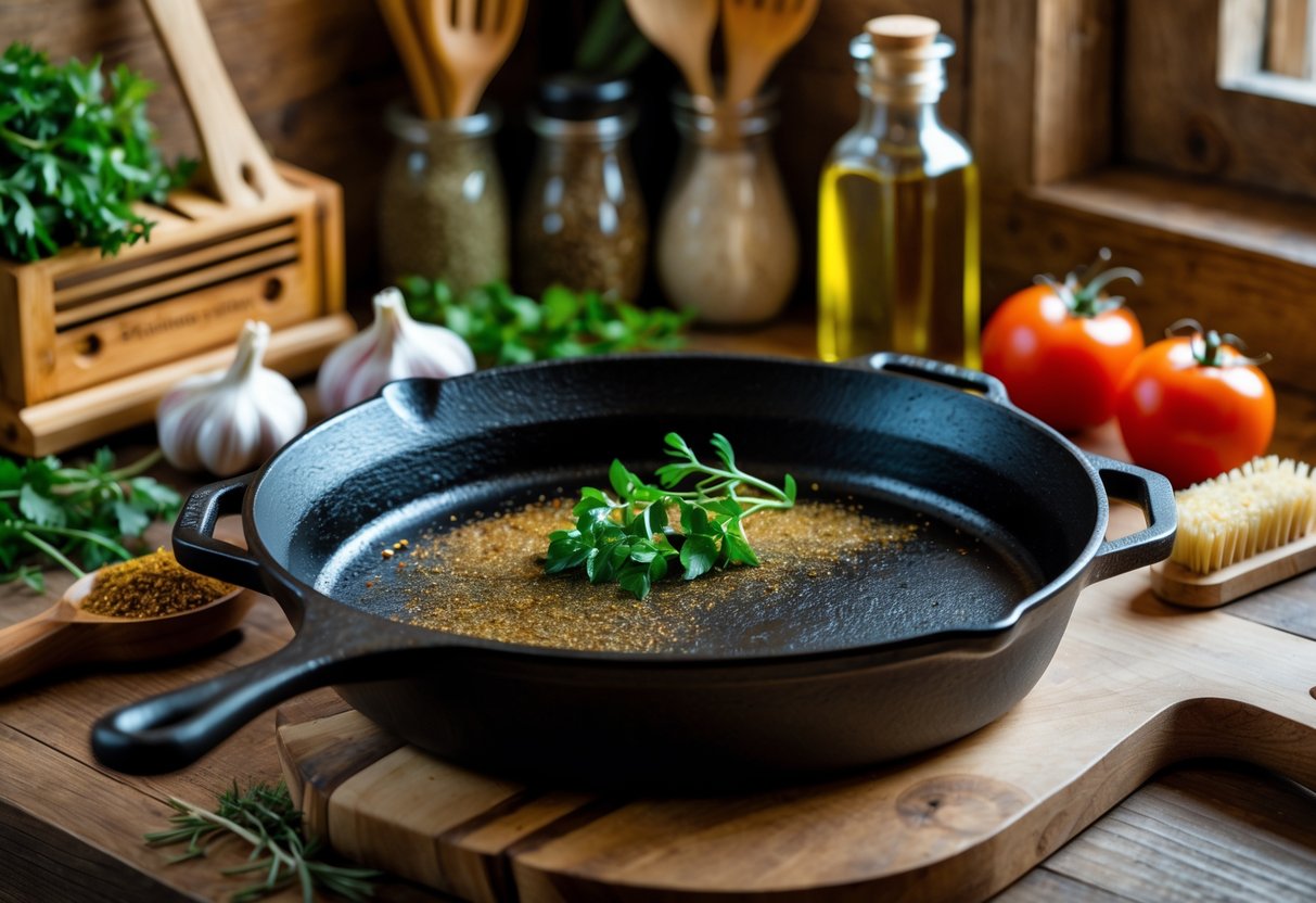 A cast iron skillet on a wooden countertop with fresh vegetables, herbs, cooking oil, and a brush in a kitchen setting.