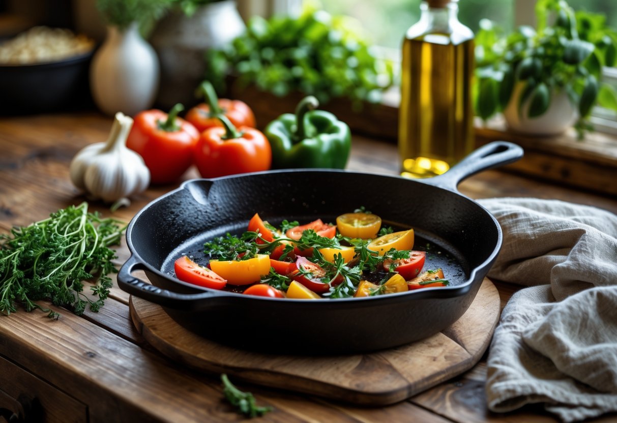 A cast iron skillet on a wooden countertop with fresh vegetables, herbs, and a bottle of cooking oil in a warm kitchen setting.
