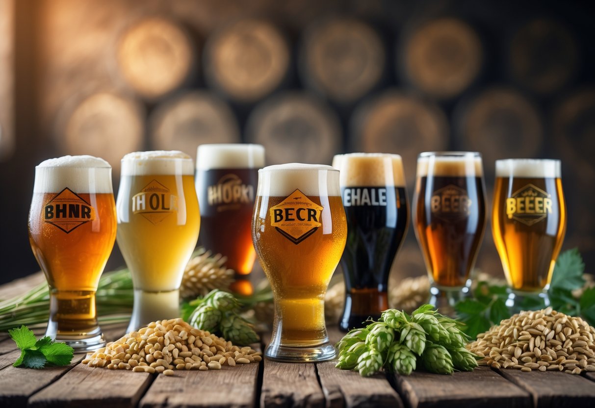 A wooden table displaying several glasses of beer in different colours with brewing ingredients around them in a warmly lit setting.