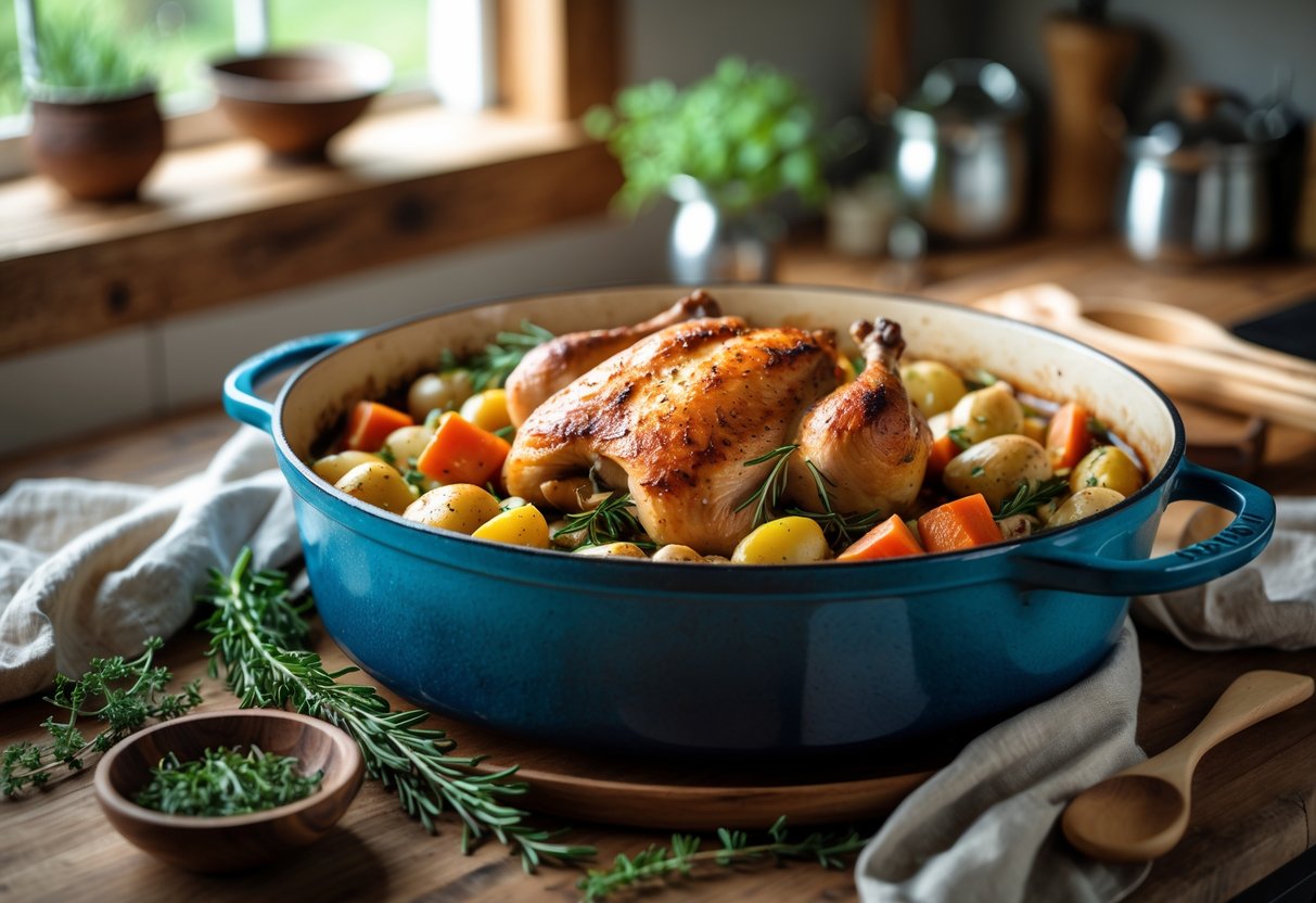 A Dutch oven on a wooden countertop filled with slow-cooked roasted chicken and vegetables in a kitchen setting.