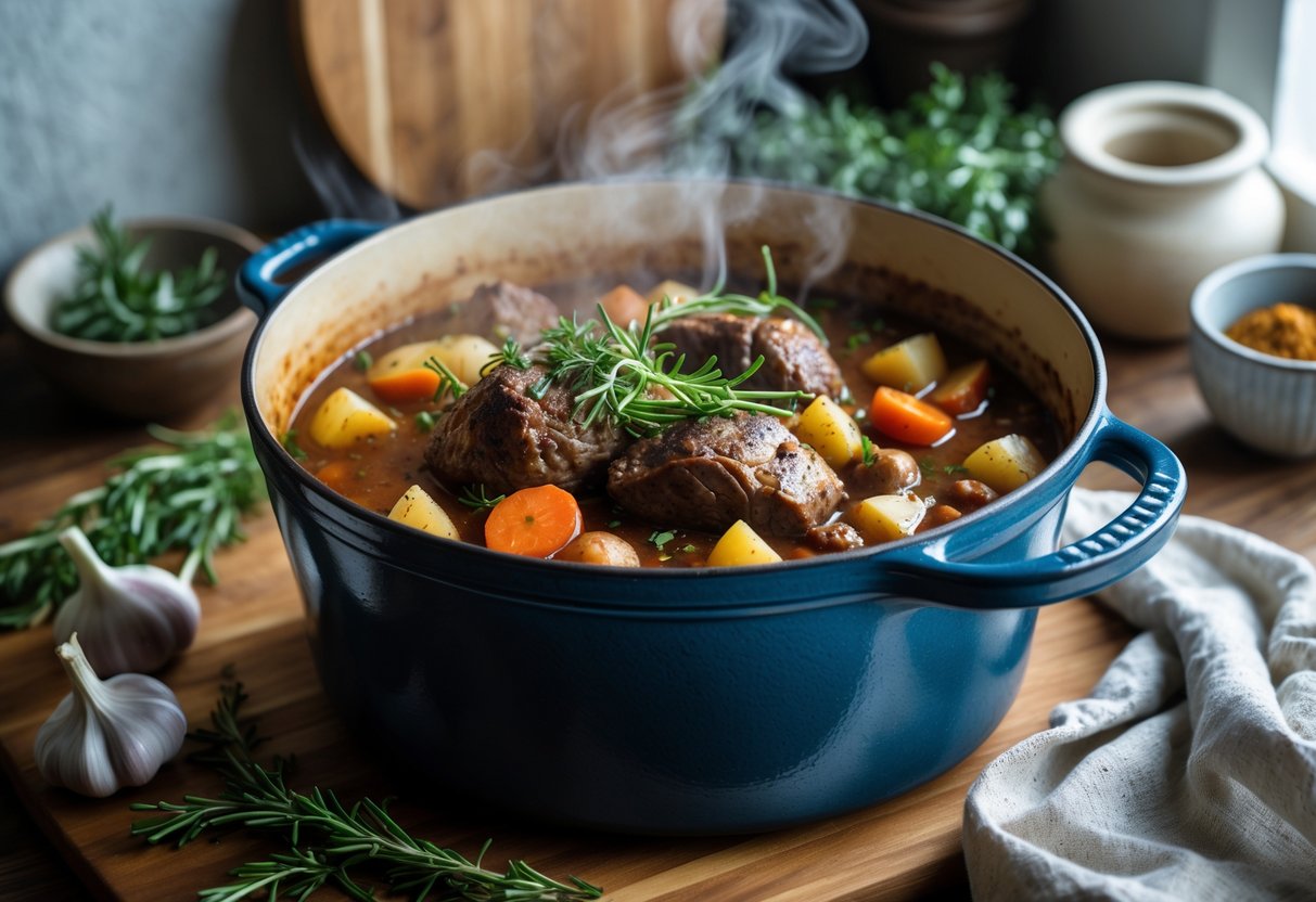 A Dutch oven on a wooden countertop filled with a slow-cooked meal of meat and vegetables, surrounded by fresh ingredients and kitchen items.