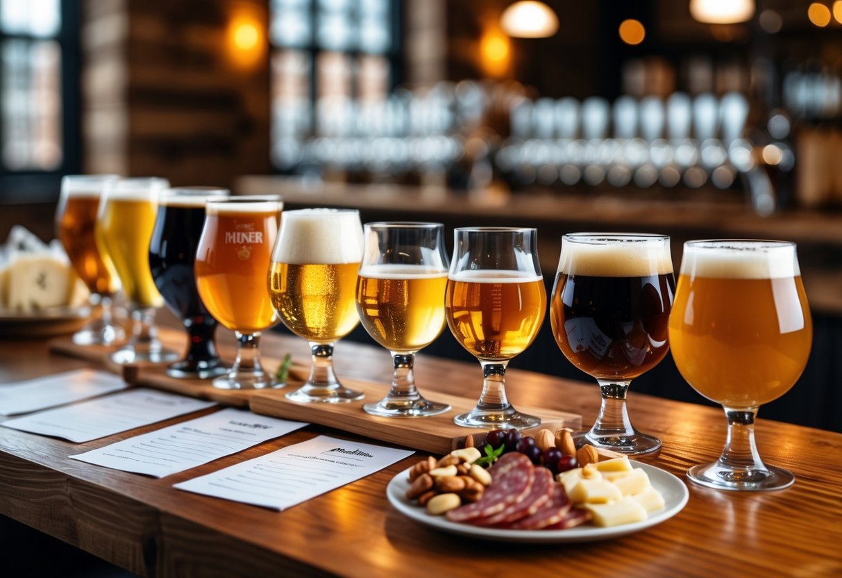 A table with various glasses of beer and a platter of snacks arranged for tasting and pairing.
