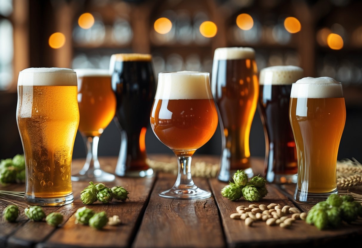 A wooden table displaying various glasses filled with different types of beer, each showing distinct colours and textures, set in a softly lit indoor setting.