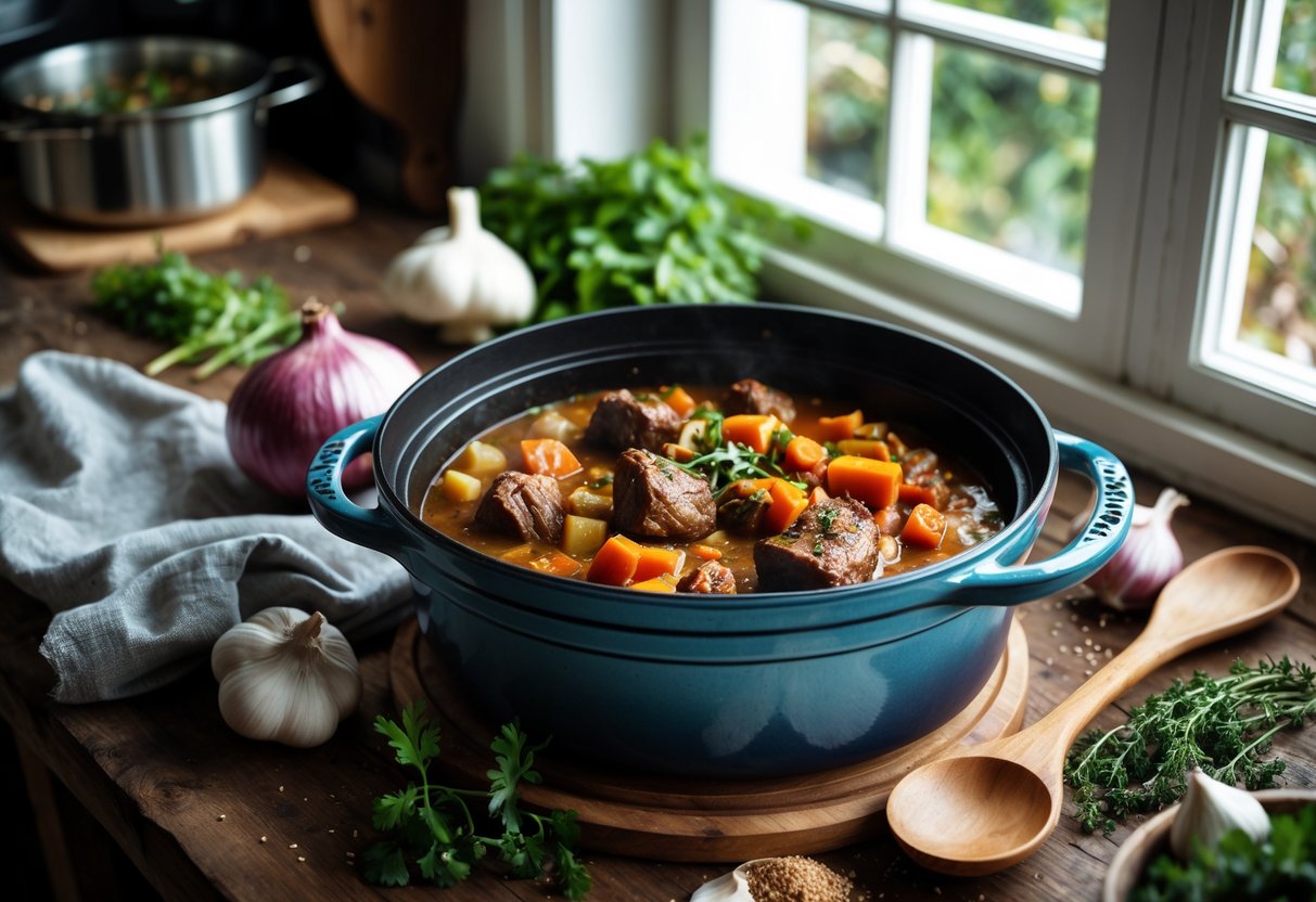 A Dutch oven with slow-cooked stew on a wooden table surrounded by fresh ingredients in a kitchen.