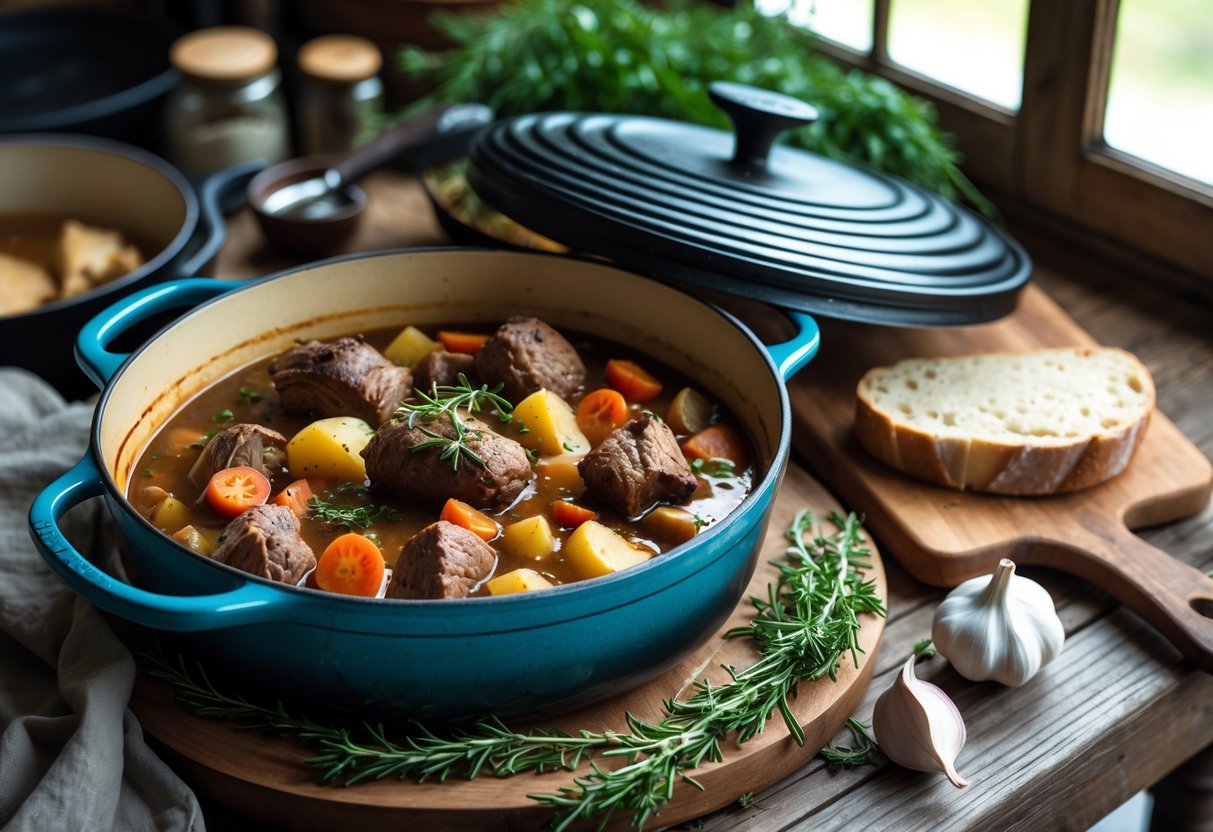 A Dutch oven filled with slow-cooked stew surrounded by fresh ingredients and kitchen utensils on a wooden table.