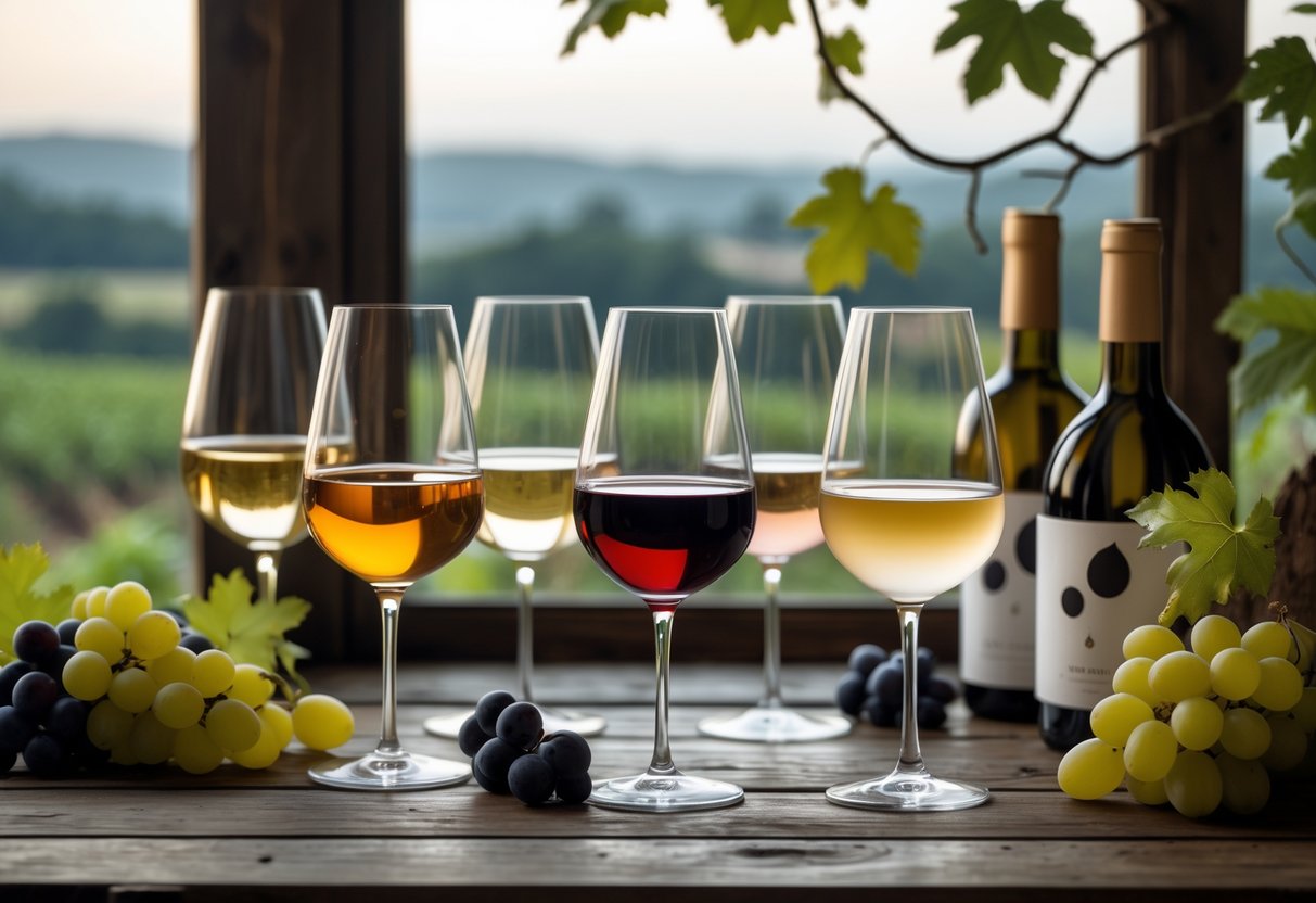 A wooden table with glasses of natural wine, fresh grapes, and wine bottles, with a vineyard visible through a window in the background.