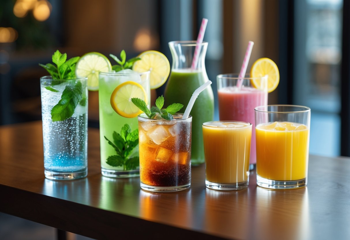 A variety of non-alcoholic drinks including sparkling water with lime, herbal iced tea, smoothie, cold brew coffee, and fresh juice displayed on a wooden table.