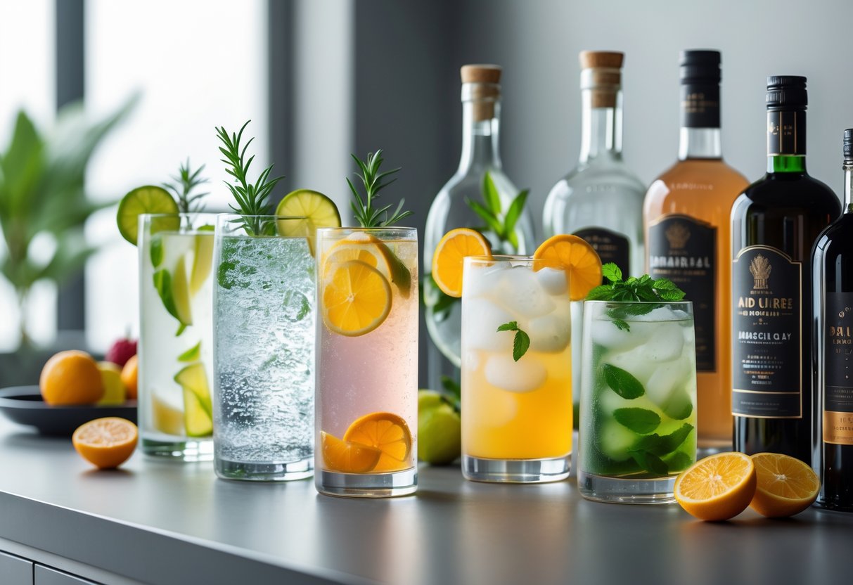 A selection of elegant non-alcoholic drinks displayed on a modern bar counter with fresh garnishes and glass bottles.