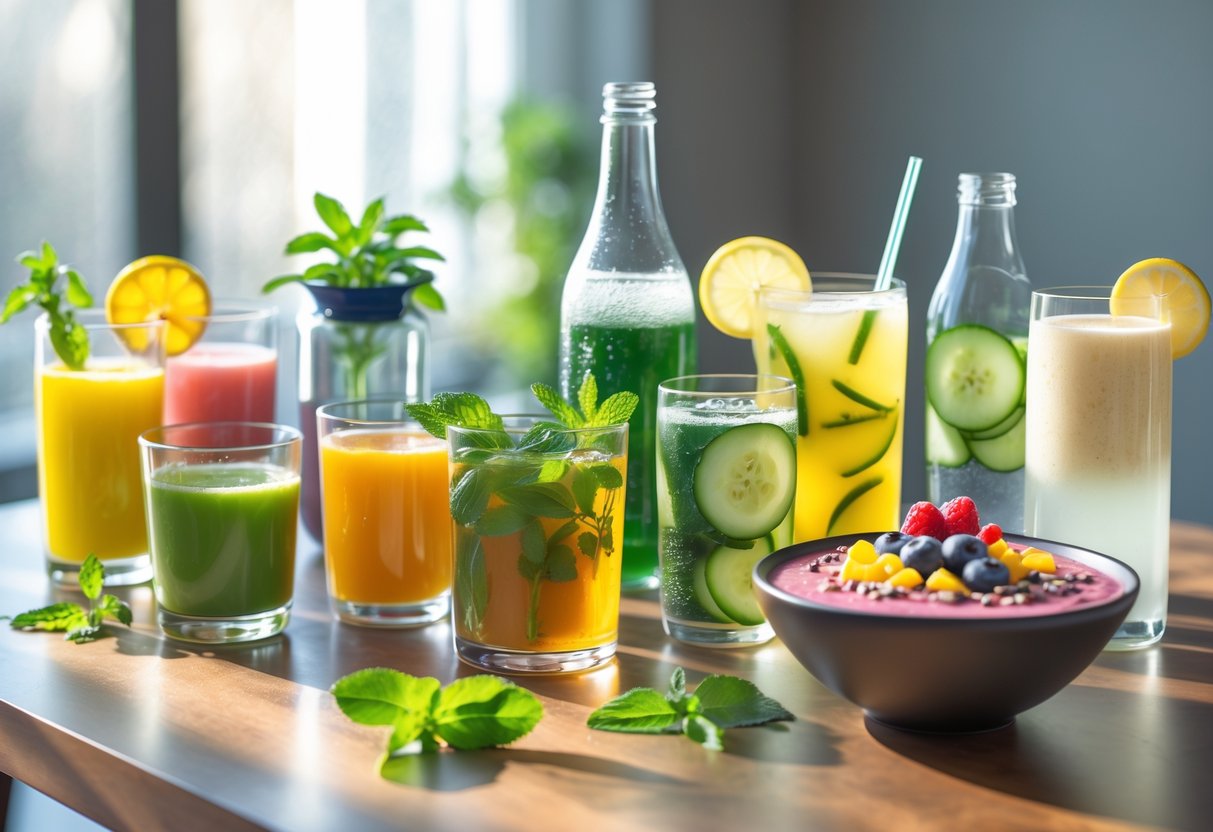 A selection of various non-alcoholic drinks including fresh juices, iced teas, sparkling water, kombucha, and a smoothie bowl arranged on a wooden table.