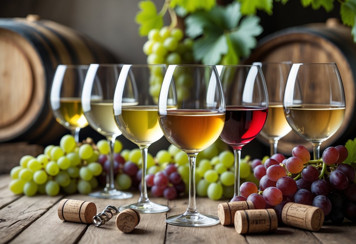 A wooden table with glasses of natural wine in different colours, fresh grapes, corks, and a corkscrew, with a blurred vineyard background.