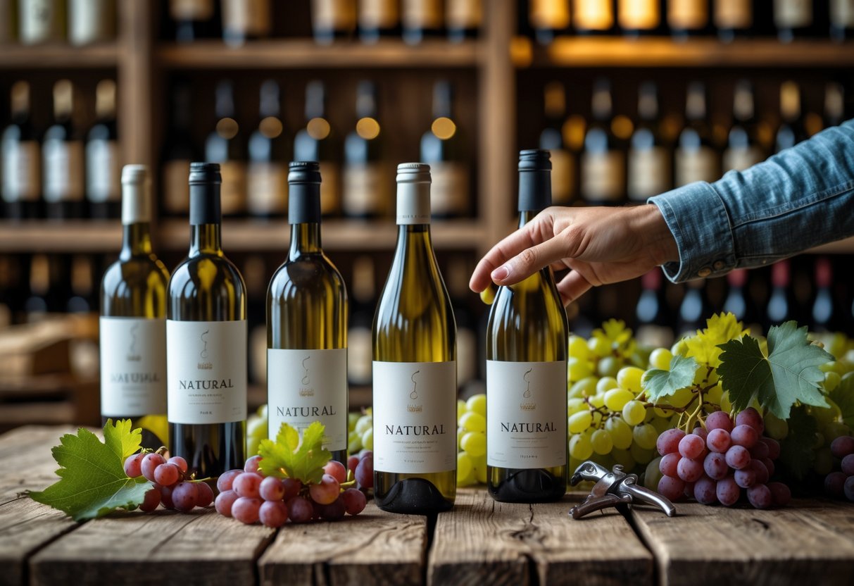 A person selecting a bottle of natural wine from a wooden table with grapes and vine leaves, with shelves of wine bottles blurred in the background.