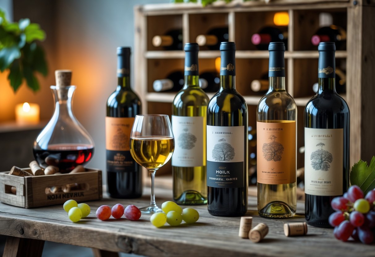 A rustic wooden table with bottles and glasses of natural wine, fresh grapes, a wooden crate of corks, and a wooden wine rack in the background.