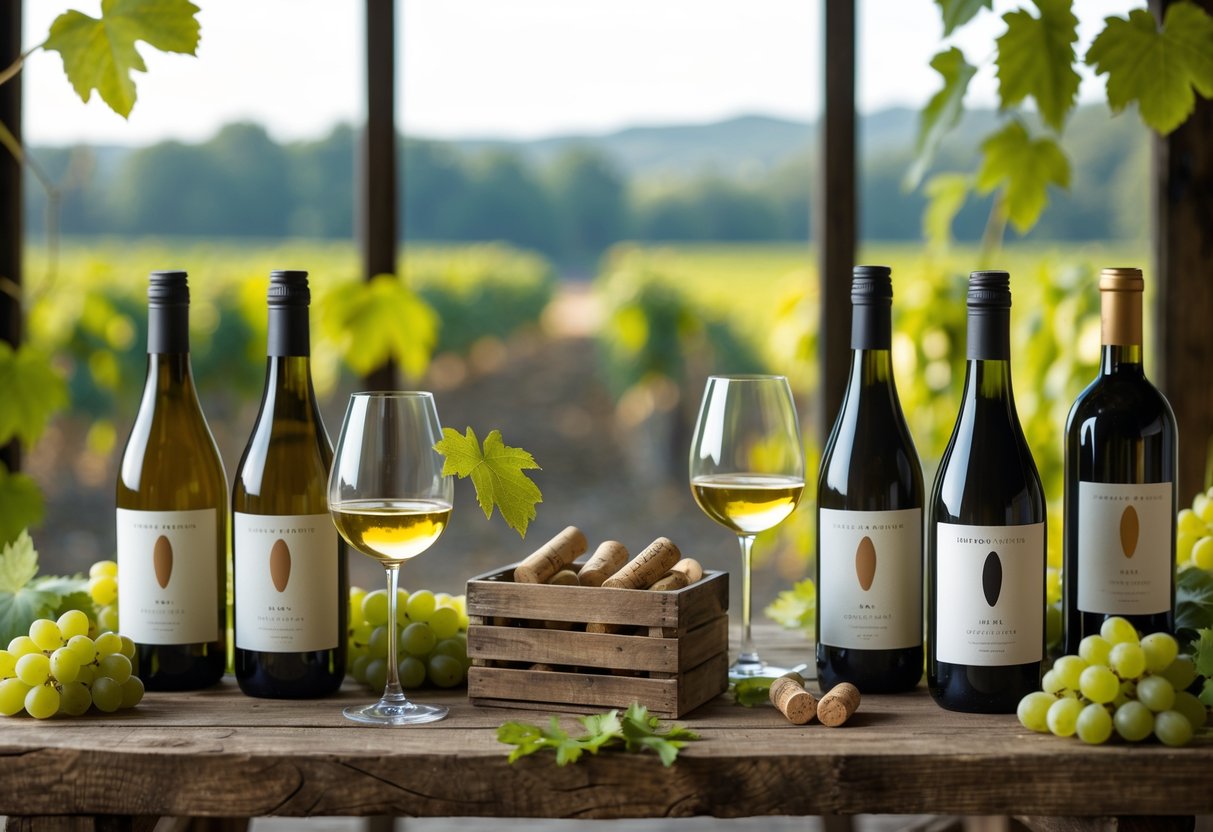 A wooden table with bottles of natural wine, glasses of poured wine, grapes, and vine leaves, with a vineyard visible through a window in the background.