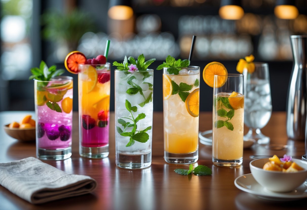 A selection of elegant non-alcoholic drinks in various glasses on a wooden table with fresh garnishes and a blurred caf&eacute; background.