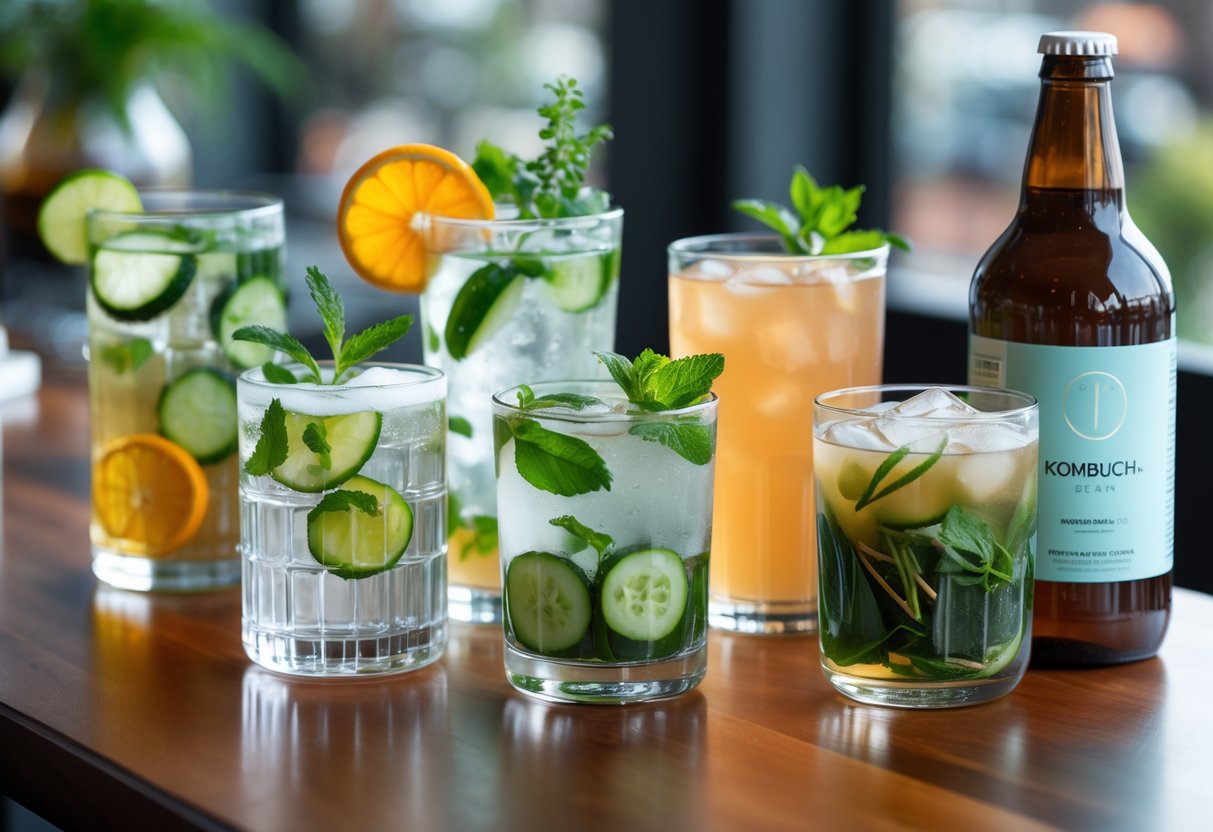 A variety of non-alcoholic drinks including mocktails, infused water, iced herbal tea, and kombucha arranged on a wooden table in a modern setting.