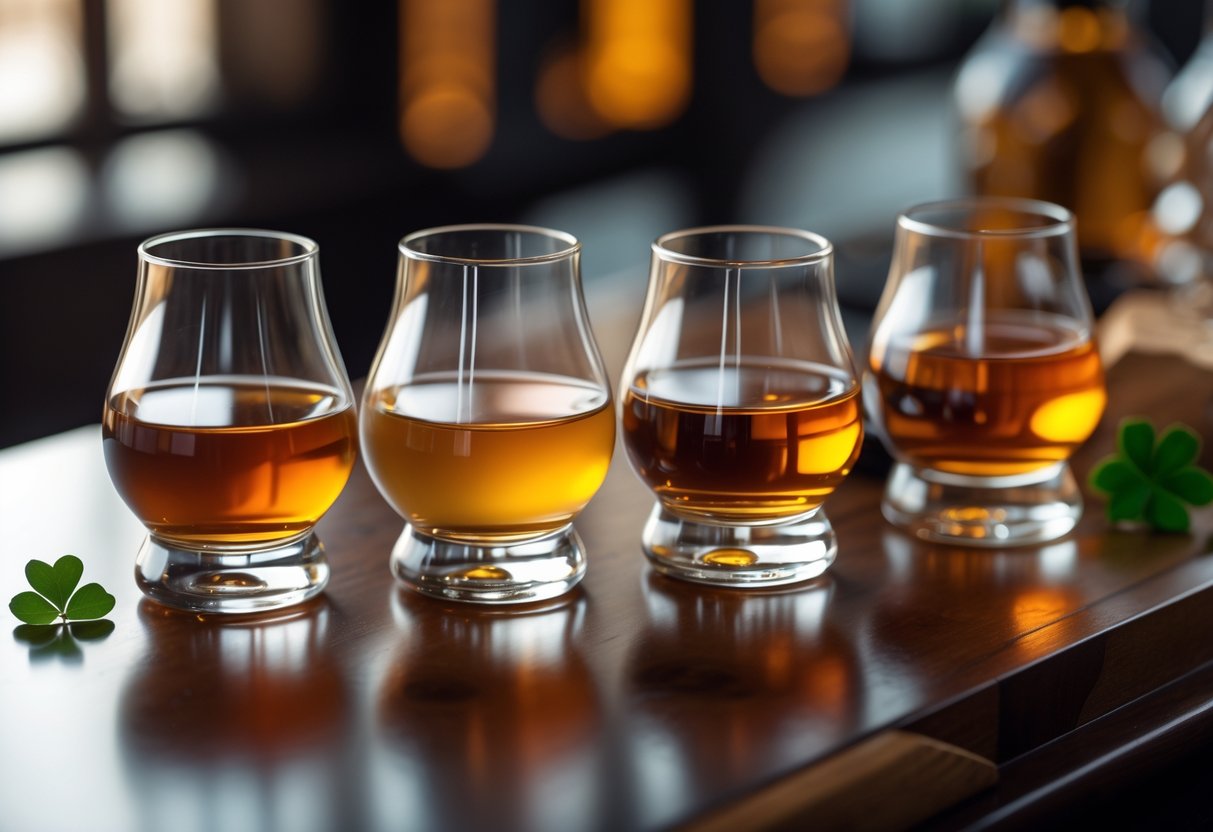 Four glasses of whiskey on a wooden table, each with a small natural item representing their origin: thistle, shamrock, oak barrel piece, and maple leaf.