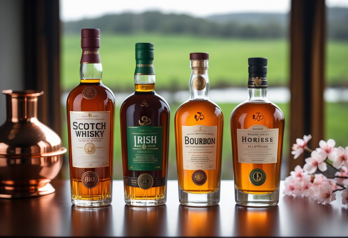 Four distinct whiskey bottles on a wooden surface with related elements like a copper still, oak barrels, greenery, and cherry blossoms around them.