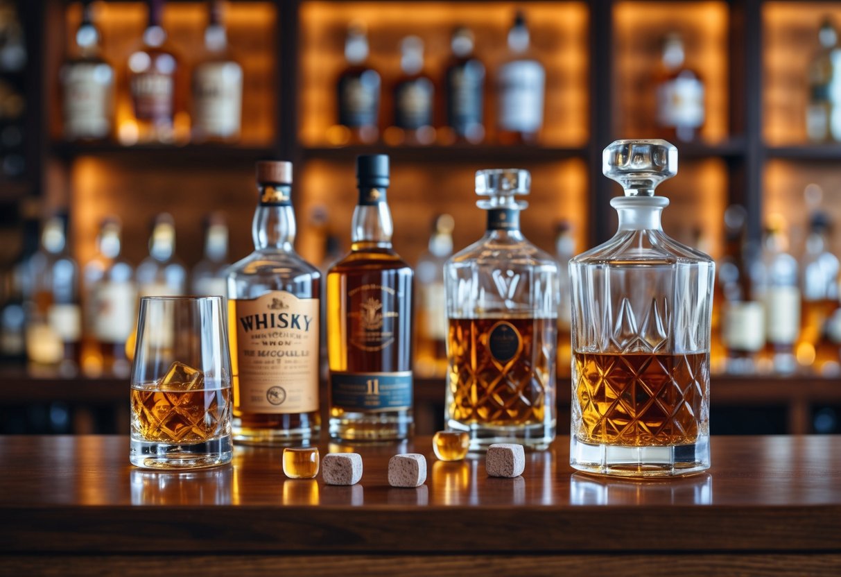 A close-up of several whiskey glasses and bottles arranged on a wooden bar counter with warm lighting and blurred shelves in the background.
