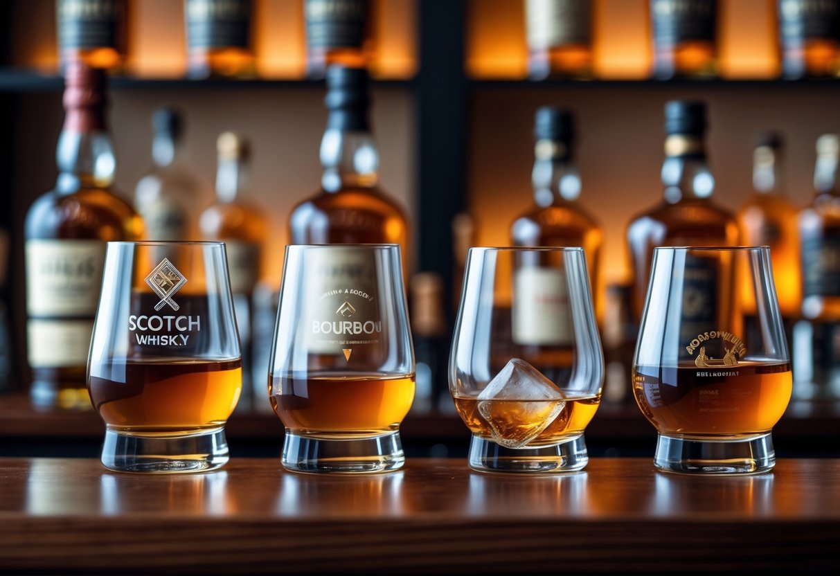 A bar counter displaying four different whiskey glasses with bottles behind them, each glass containing a distinct type of whiskey.