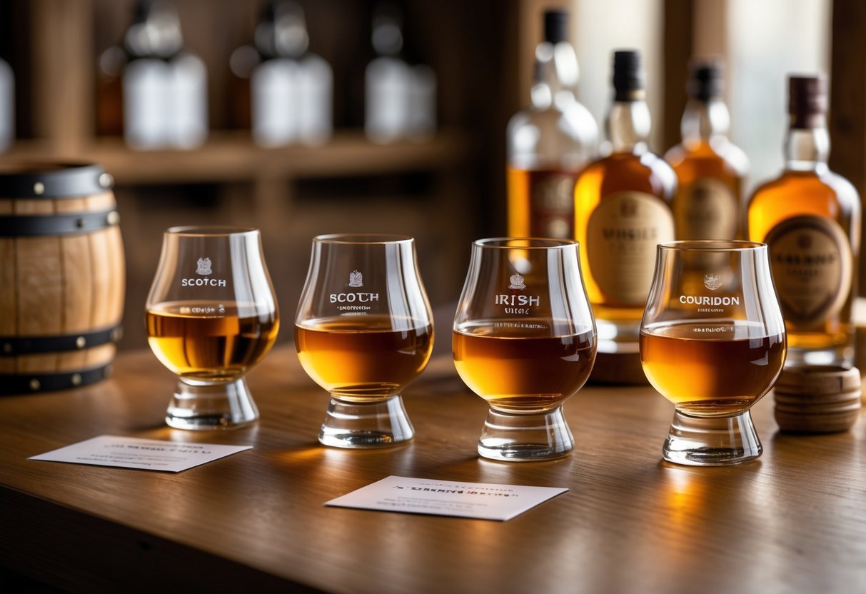 Four glasses of whiskey on a wooden table with bottles and small barrels in a warm, softly lit bar setting.