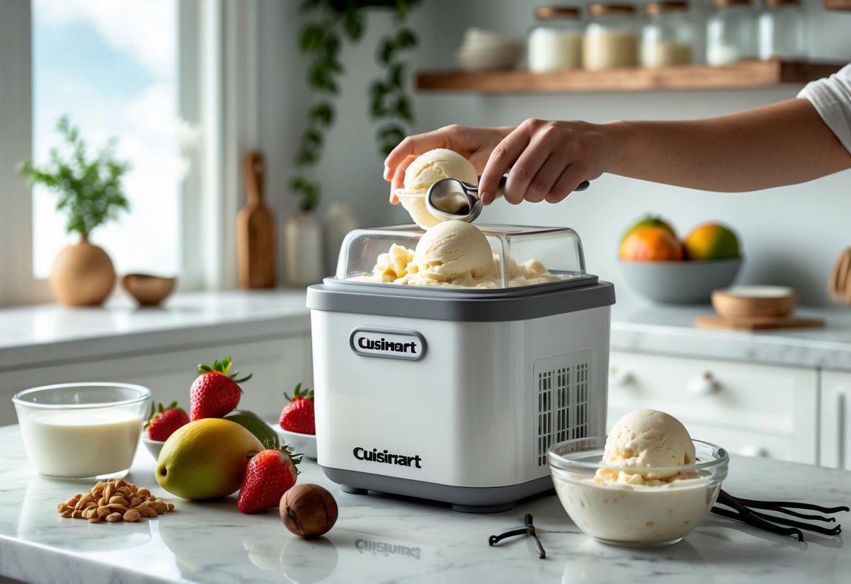 A kitchen countertop with a Cuisinart ice cream maker surrounded by ingredients and a person scooping ice cream into a bowl.