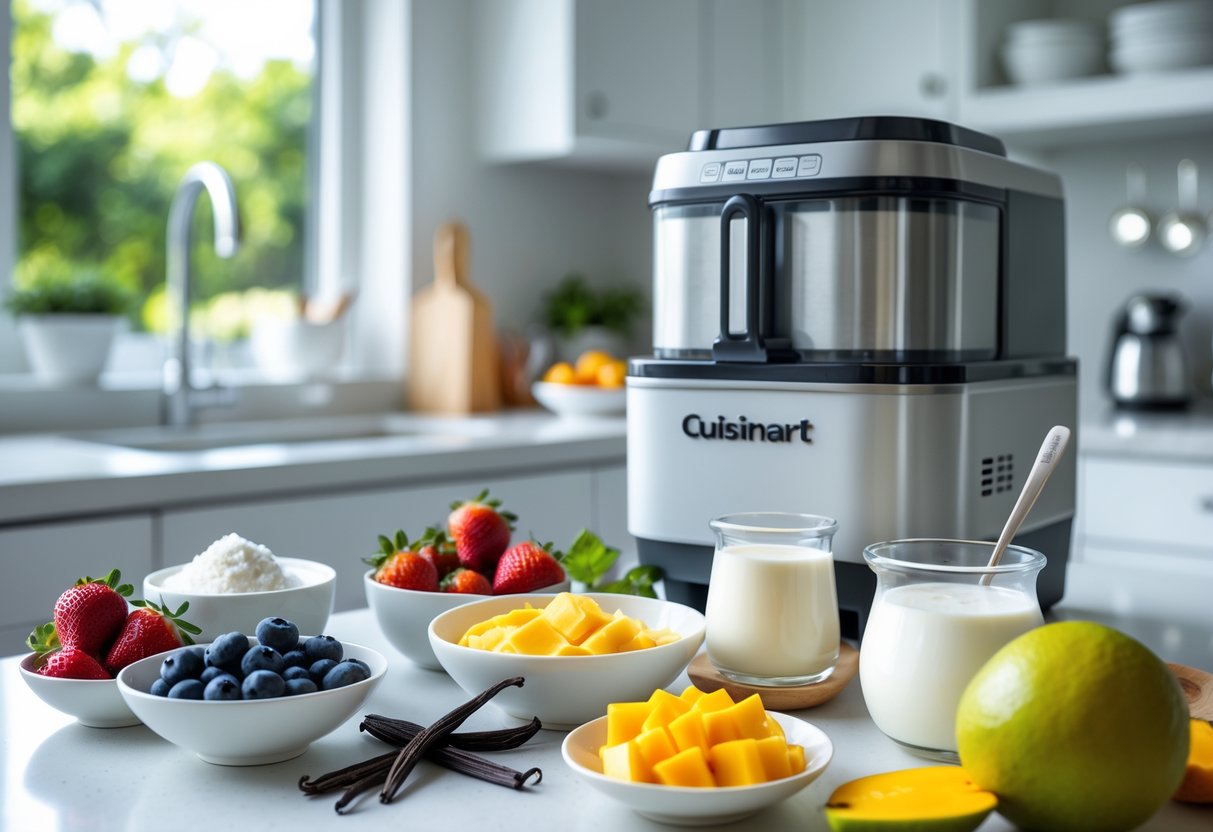 A kitchen countertop with fresh fruits, dairy and dairy-free ingredients, and a Cuisinart ice cream maker ready for use.