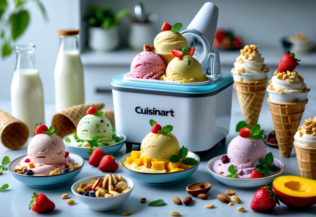 A kitchen countertop with a Cuisinart ice cream maker surrounded by bowls and cones of colourful dairy-free and vegan ice cream topped with fresh fruits and nuts.