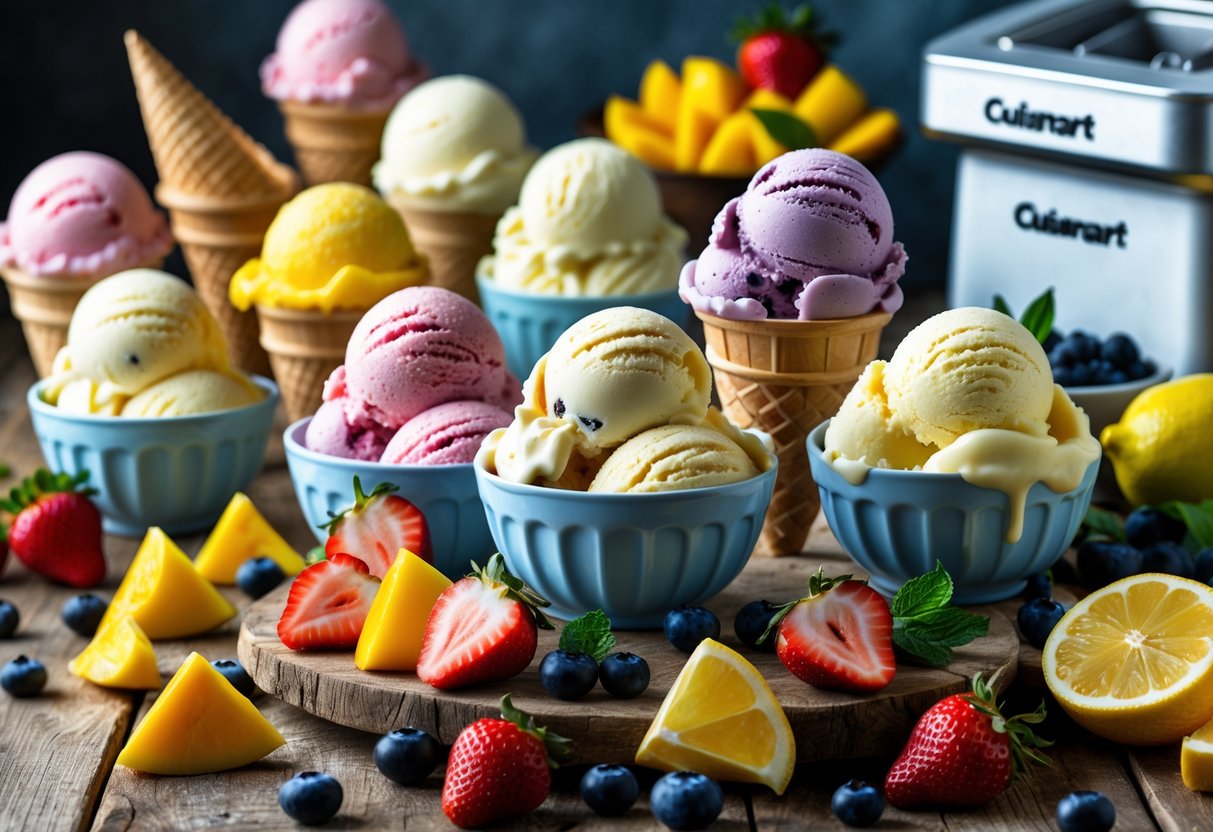 A table displaying bowls and cones of colourful fruity ice cream with fresh fruits and an ice cream maker in the background.