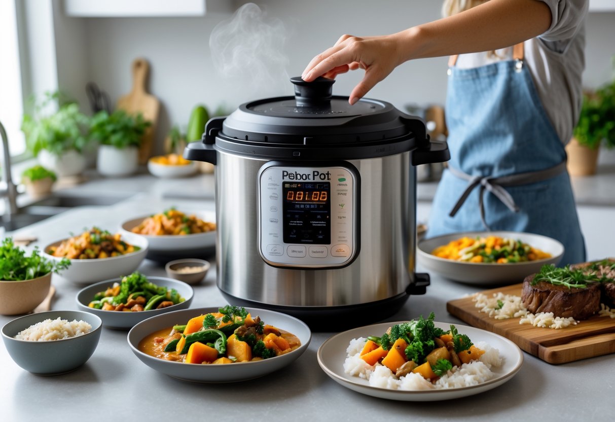 A modern kitchen countertop with an Instant Pot surrounded by cooked dishes including stew, vegetables, rice, and meat, with a hand lifting the lid releasing steam.