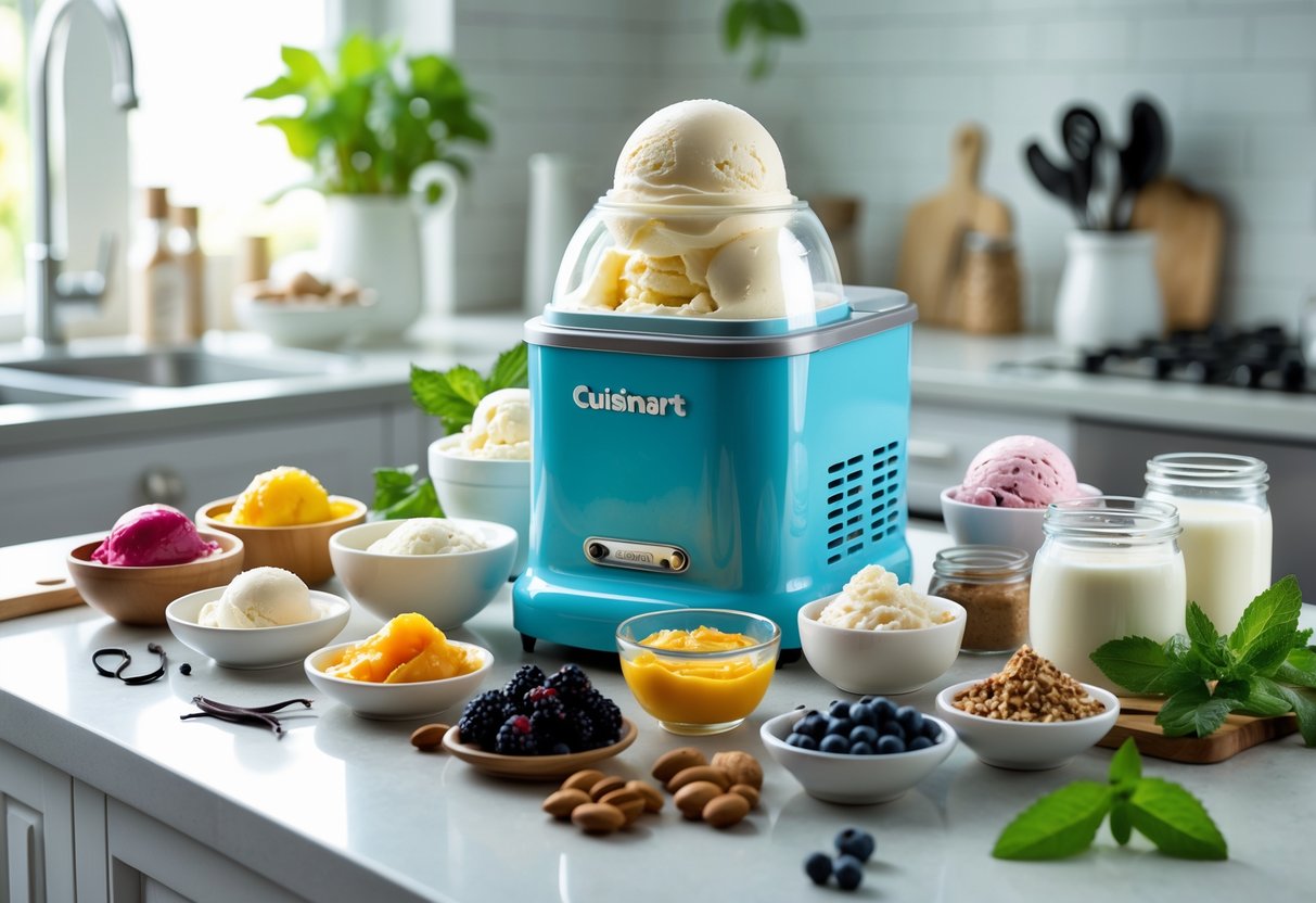 A kitchen countertop with a Cuisinart ice cream maker surrounded by bowls of ice cream, fresh fruits, nuts, and dairy-free milk alternatives.