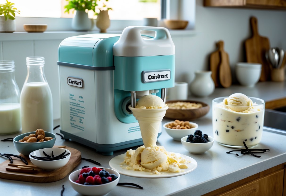 A kitchen countertop with a Cuisinart ice cream maker churning ice cream surrounded by dairy and dairy-free ingredients and a container of frozen ice cream.
