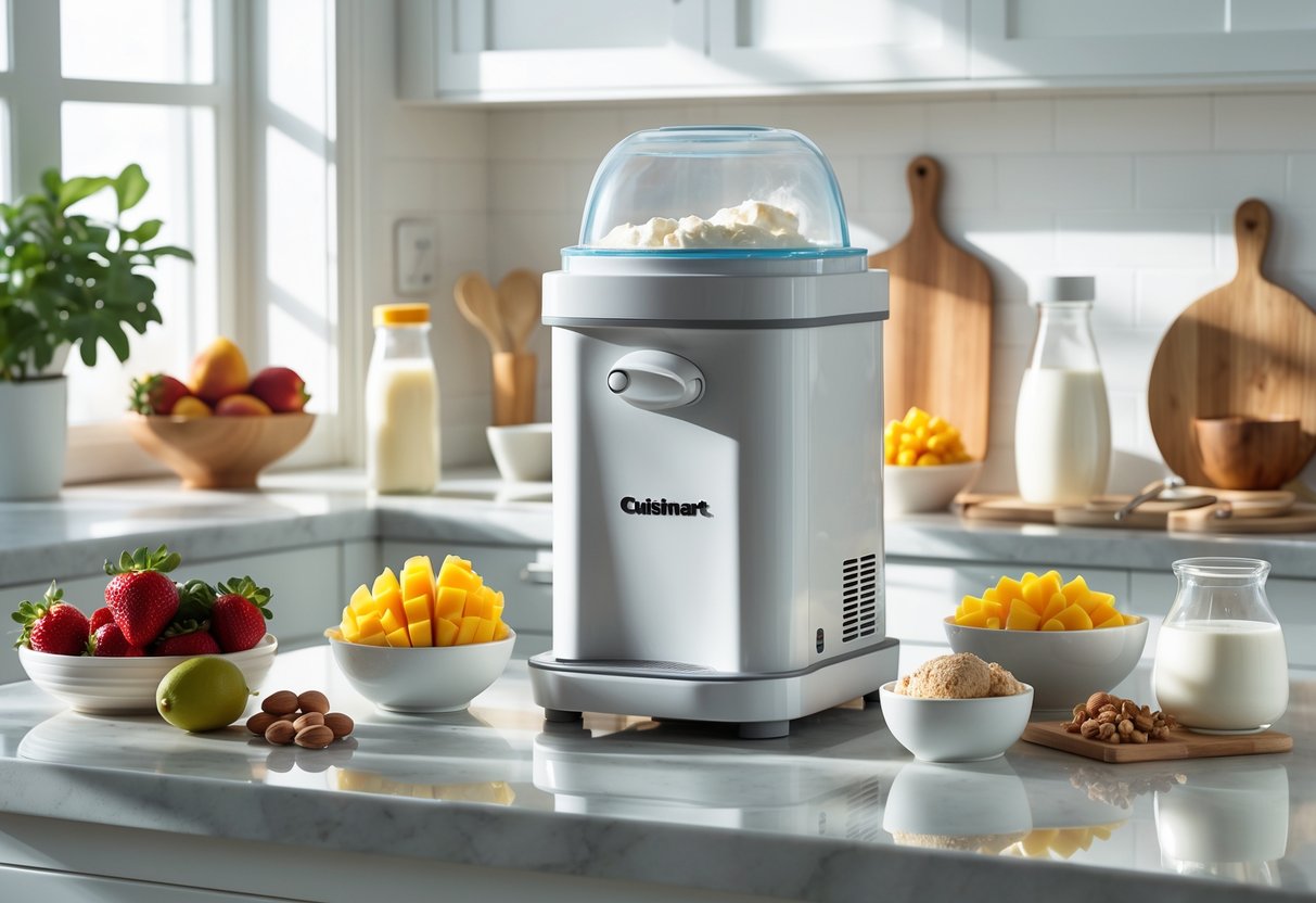 A kitchen countertop with a Cuisinart ice cream maker surrounded by fresh fruits, cream, almond milk, sugar, and nuts.