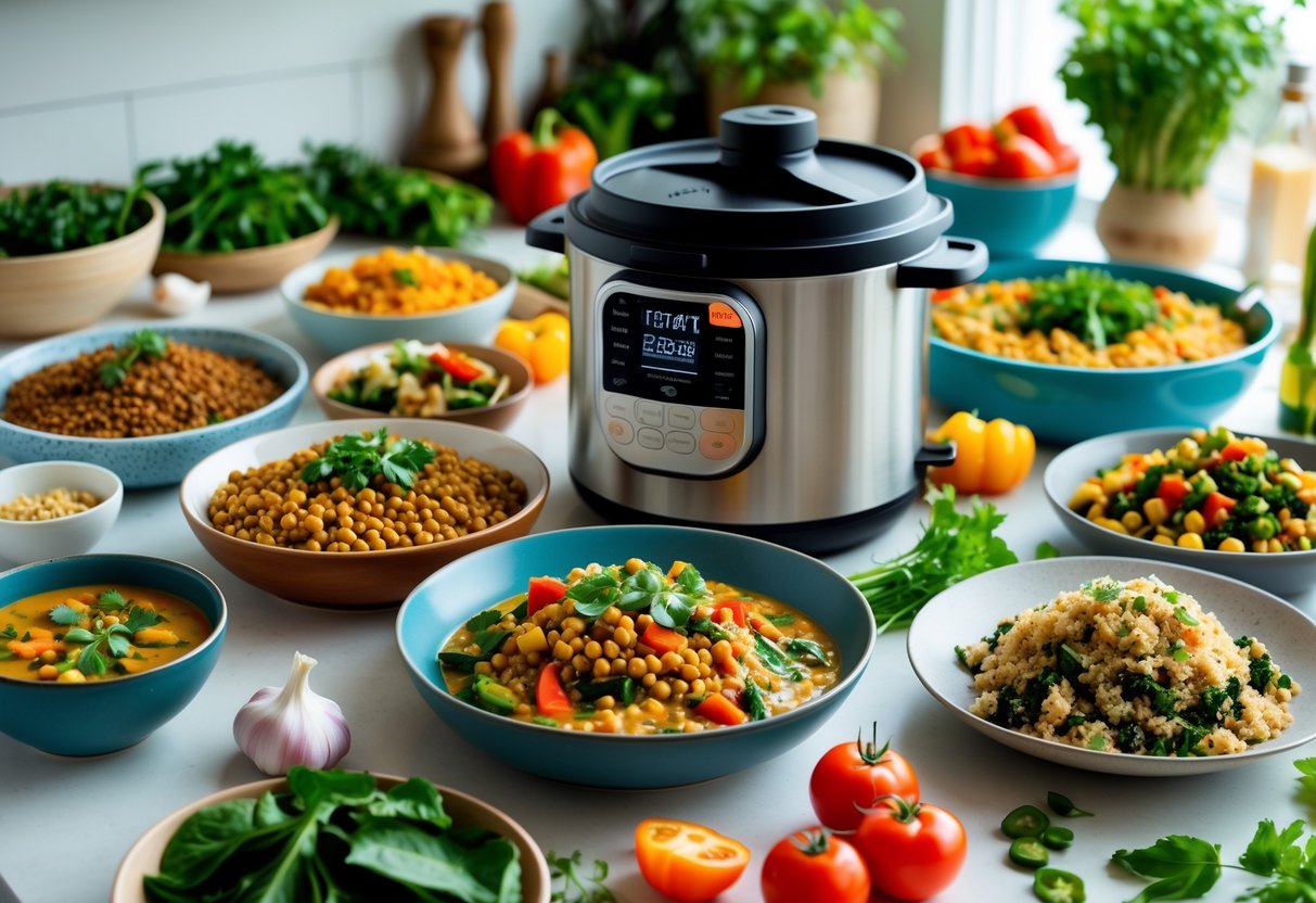 A modern kitchen countertop with an Instant Pot surrounded by bowls of colourful vegetarian and vegan dishes and fresh vegetables.