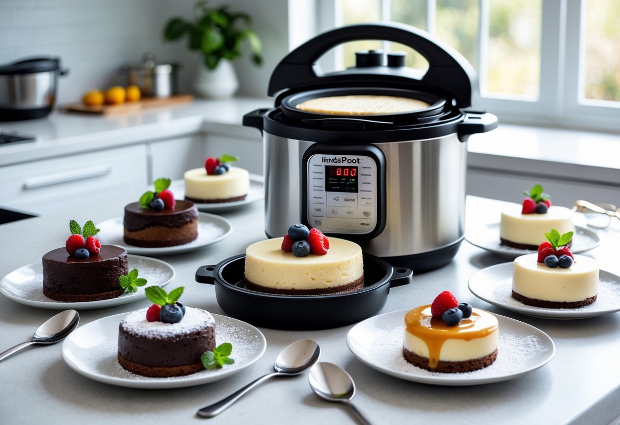 A variety of Instant Pot desserts including cheesecake, chocolate lava cakes, and puddings displayed on a kitchen countertop next to an open Instant Pot.