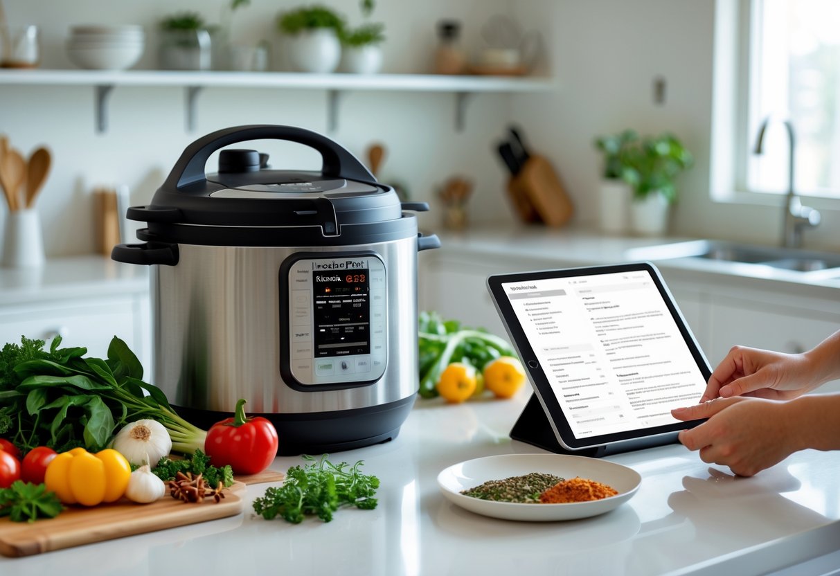 A modern kitchen countertop with an Instant Pot surrounded by fresh ingredients and a person preparing food.