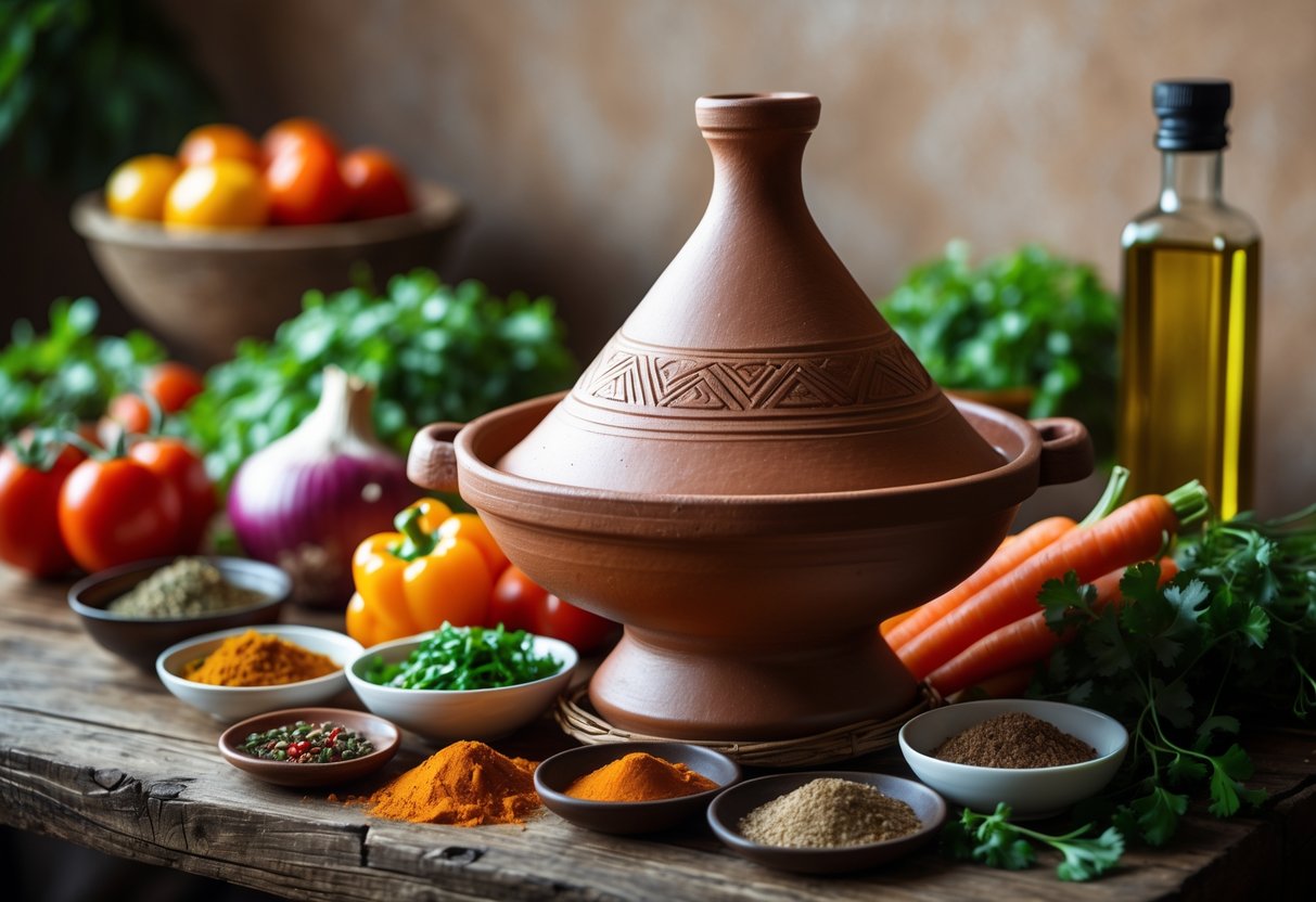 A traditional Moroccan tagine pot surrounded by fresh vegetables, spices, herbs, and olive oil on a wooden surface.