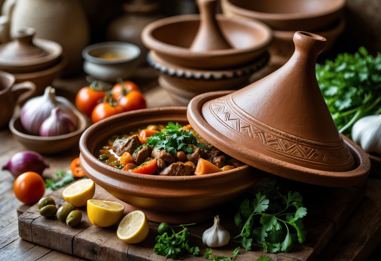 A traditional tagine pot with a stew inside, surrounded by fresh vegetables and herbs on a wooden kitchen surface.
