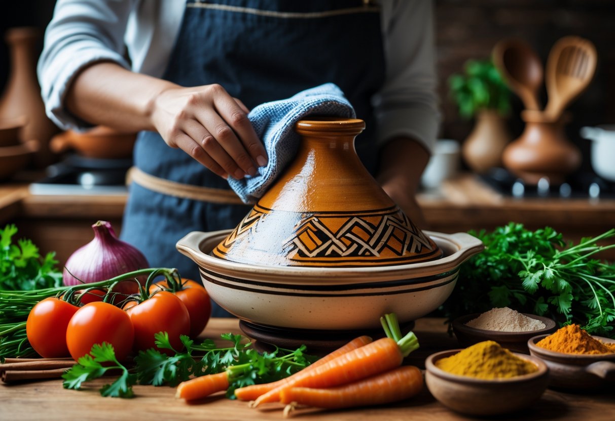 Hands cleaning a ceramic tagine pot on a wooden kitchen counter surrounded by fresh vegetables, herbs, and spices.