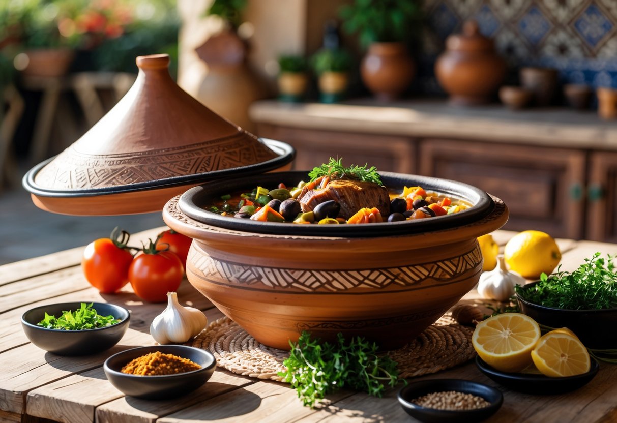 A tagine pot on a wooden table with a stew inside, surrounded by fresh ingredients and spices in a warm kitchen setting.