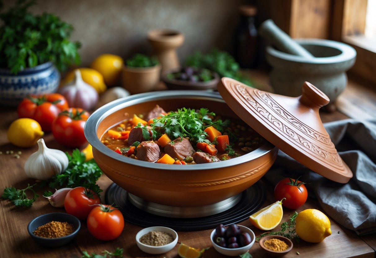 A clay tagine pot with its lid lifted, showing a colourful stew inside, surrounded by fresh ingredients and spices on a wooden kitchen countertop.
