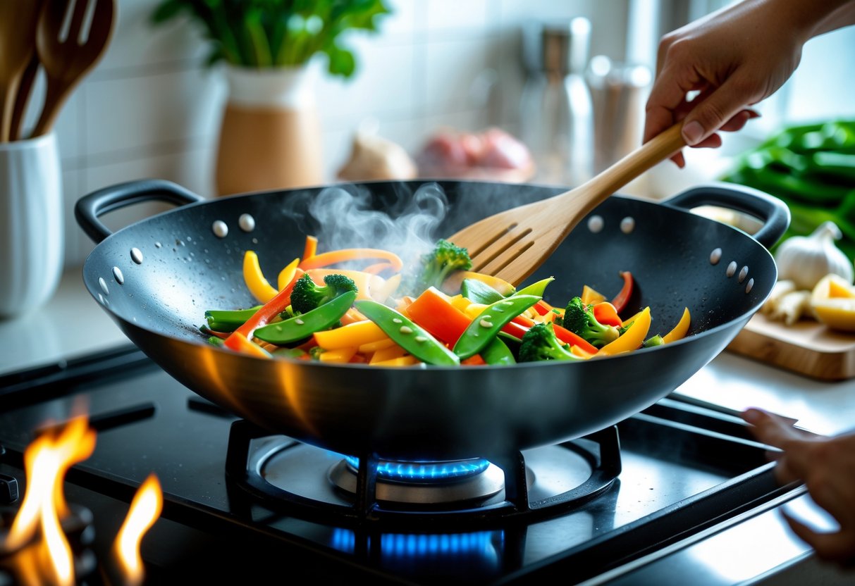 A wok on a gas stove with vegetables being stir-fried by a chef’s hand using a wooden spatula in a kitchen setting.