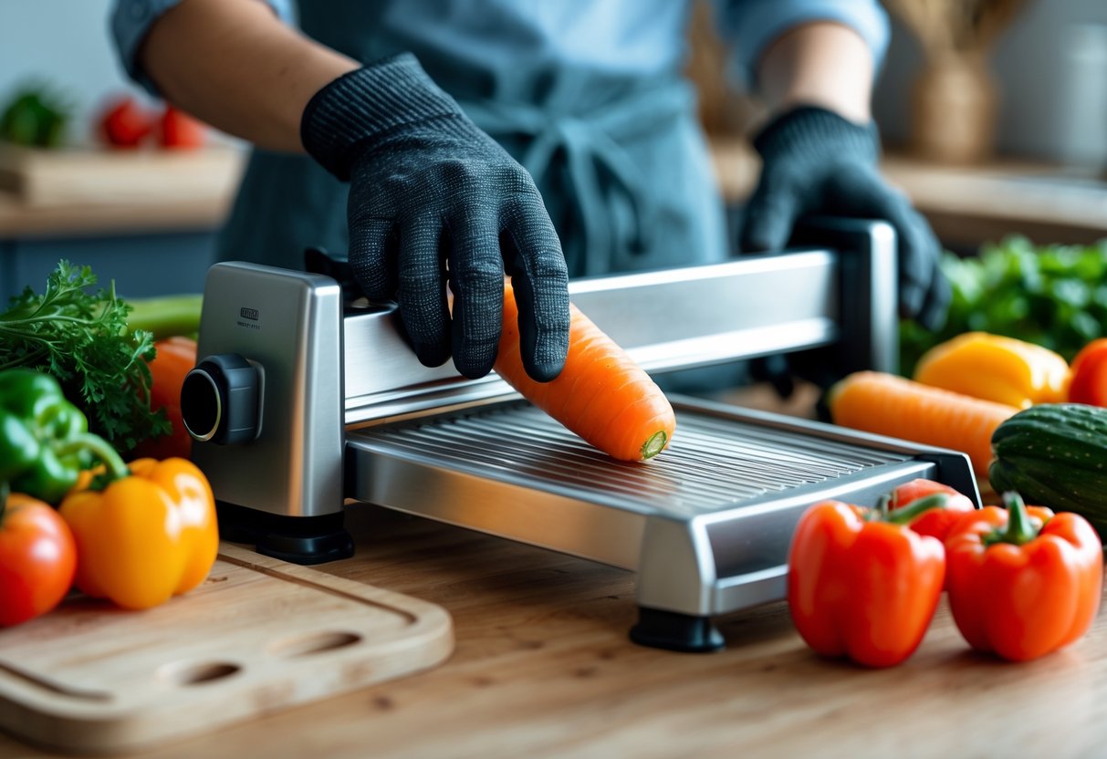 Hands safely slicing a vegetable on a mandoline slicer in a kitchen with fresh vegetables on the counter.