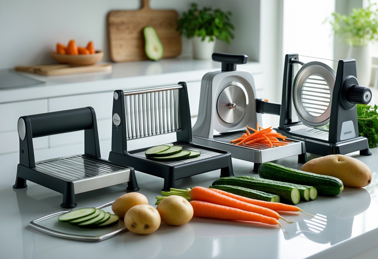 Various mandoline slicers and fresh vegetables arranged on a kitchen countertop.