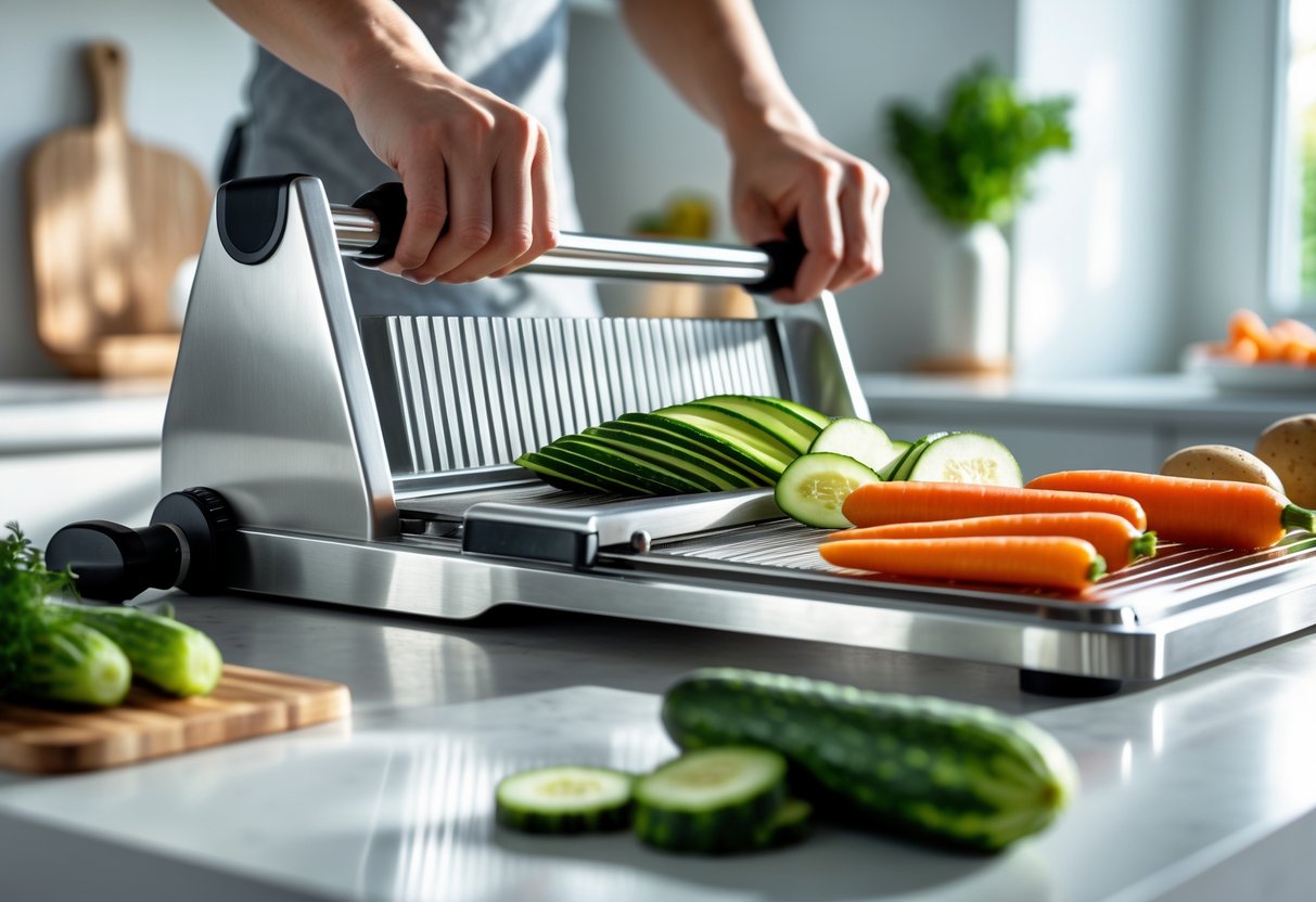 Hands using a mandoline slicer to cut vegetables on a kitchen countertop with fresh vegetables and kitchen utensils nearby.