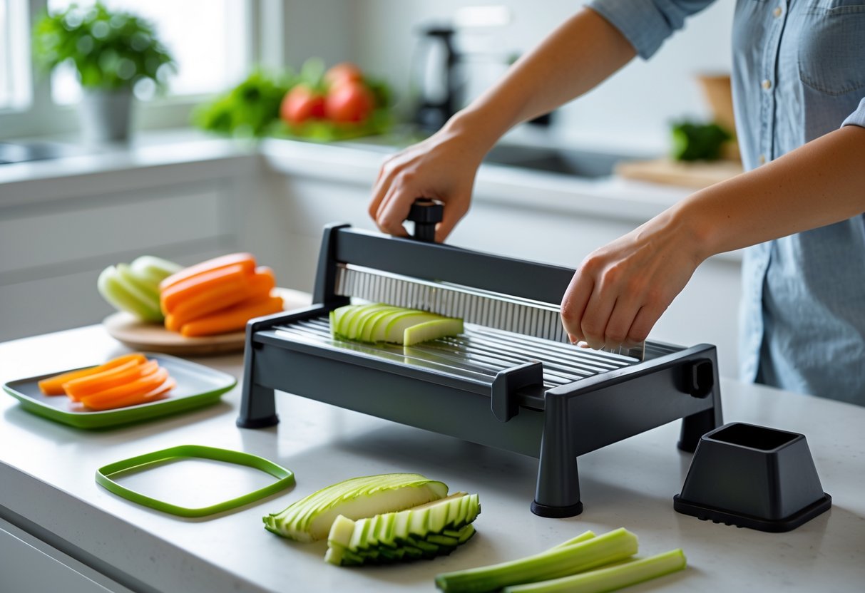 A kitchen countertop with a mandoline slicer and safety equipment including a hand guard and cut-resistant glove, with hands using the mandoline to slice a vegetable.