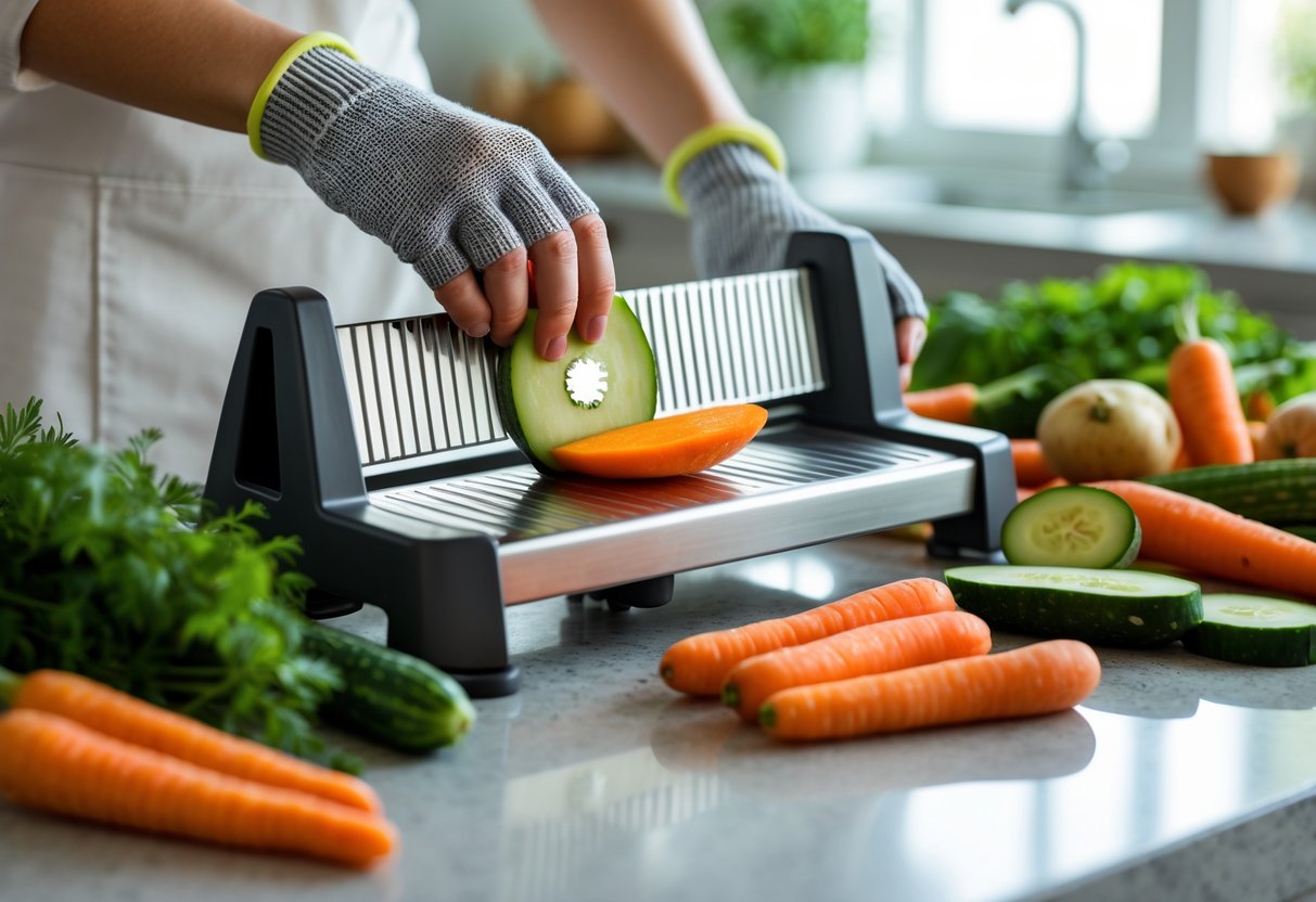 Hands using a mandoline slicer with safety gloves to slice vegetables on a kitchen countertop with fresh vegetables nearby.