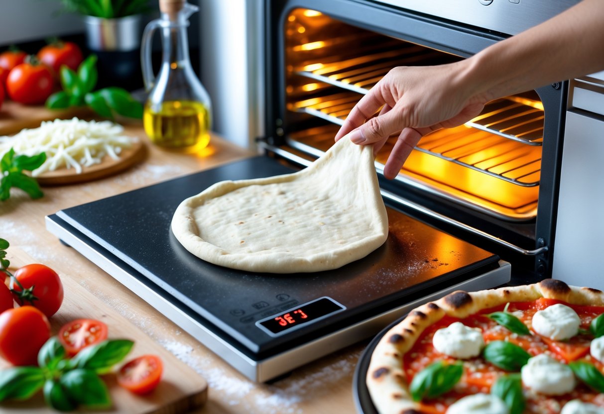 A hand placing pizza dough onto a hot pizza stone in an oven with fresh pizza ingredients on a kitchen countertop nearby.