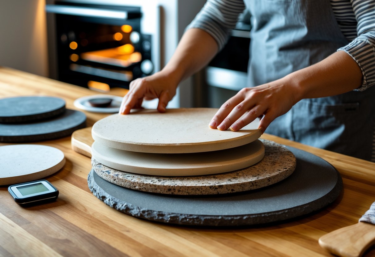 Hands selecting a pizza stone from several options on a wooden kitchen countertop with an open oven in the background.
