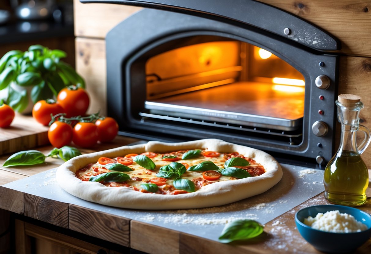 A kitchen scene showing a person placing pizza dough onto a hot pizza stone inside an oven, with fresh ingredients on the countertop nearby.