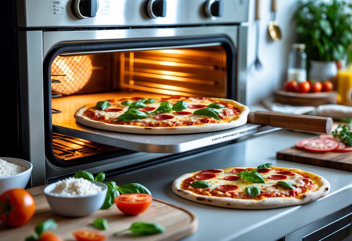 Close-up of a pizza being taken out of an oven on a pizza stone with kitchen tools and ingredients on the countertop.
